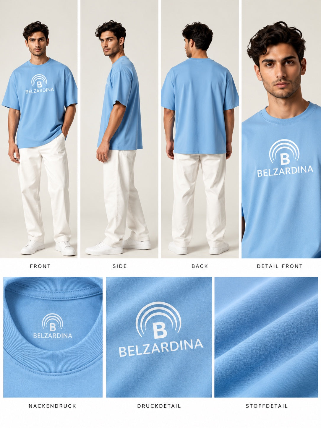 BELZARDINA Oversized T-Shirt Baltic Blue – Front, Seite, Rücken, Detail, Nackendruck und Stoffdetail