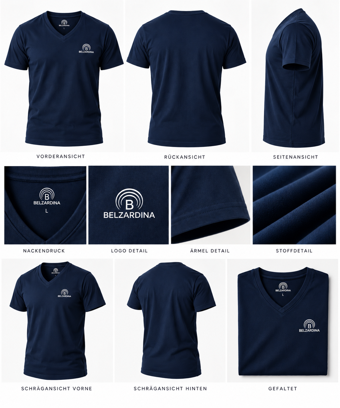BELZARDINA V-Neck T-Shirt Navy – Produktansichten ohne Model