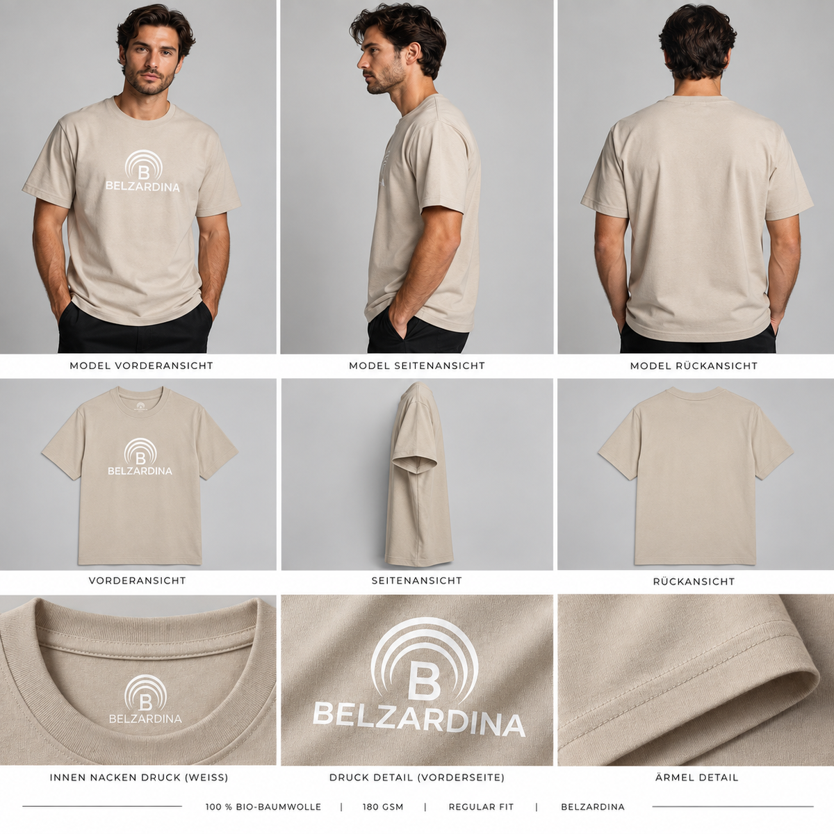 BELZARDINA klassisches T-Shirt Natural Raw – Model, Vorderansicht, Seitenansicht, Rückansicht und Details
