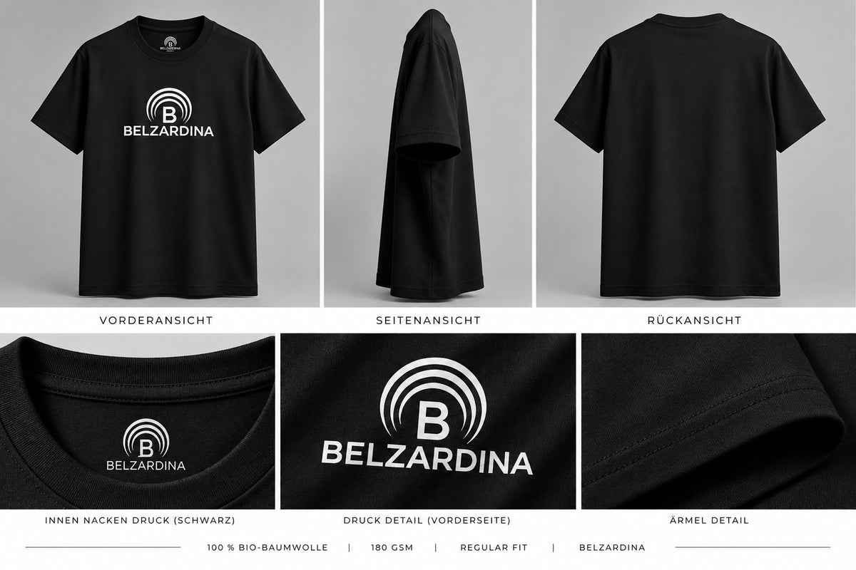 BELZARDINA klassisches T-Shirt Schwarz – Vorderansicht, Seitenansicht, Rückansicht, Nackendruck und Details