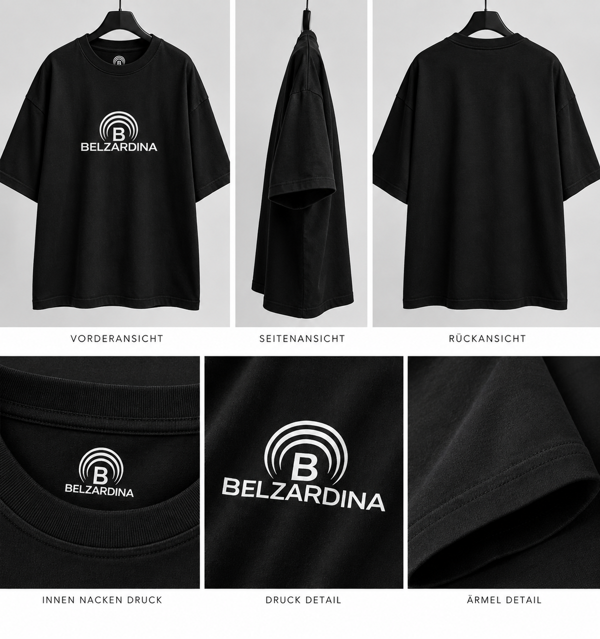 BELZARDINA Oversized T-Shirt 240 GSM – Vorderansicht, Seitenansicht, Rückansicht und Details