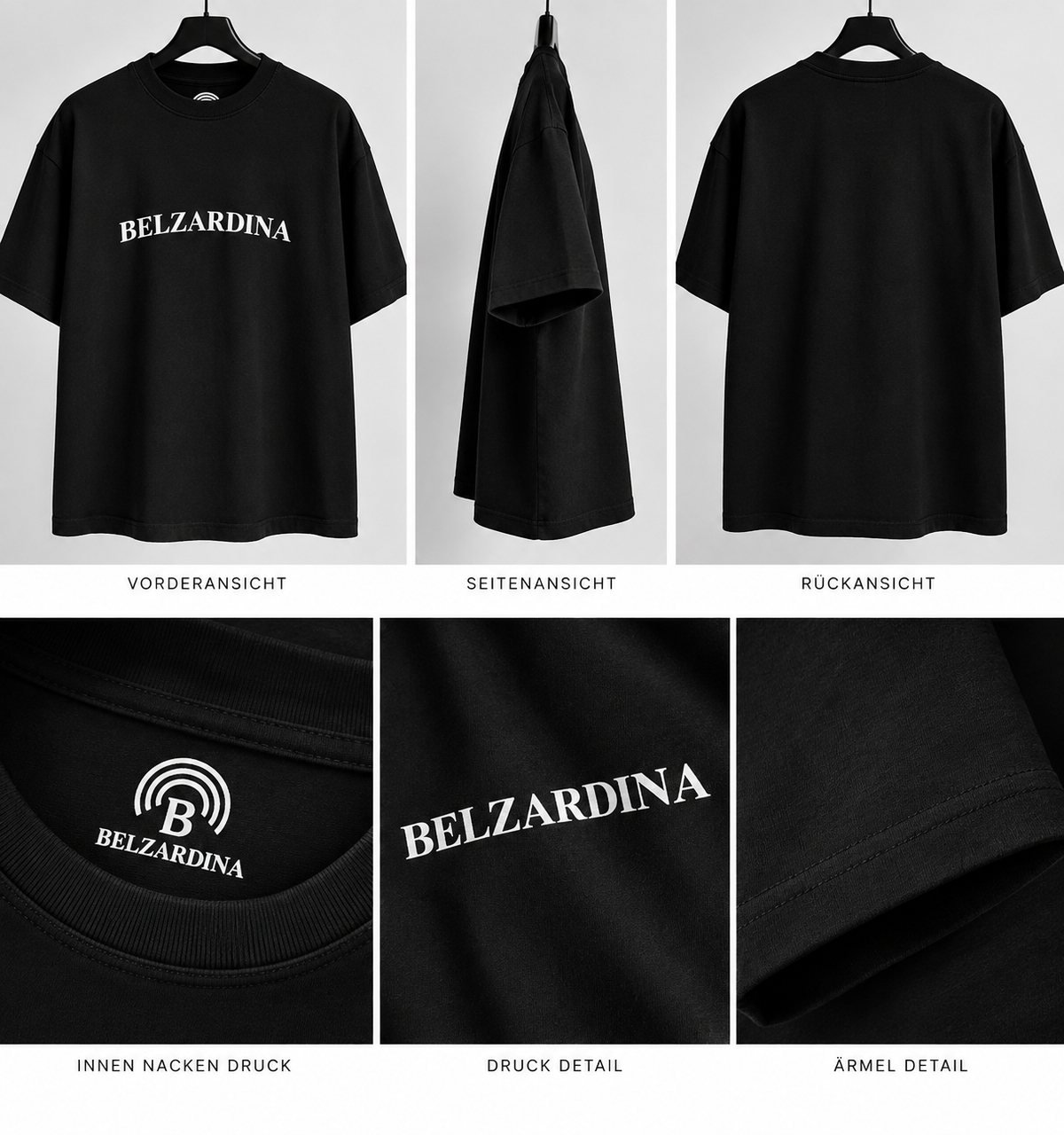 Belzardina Oversized T-Shirt – Vorderansicht, Seitenansicht, Rückansicht und Details