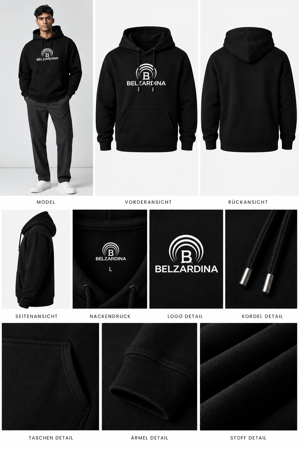 BELZARDINA Premium Cruiser Hoodie Black – Ansichten und Details mit kurzen Kordeln und silbernen Enden
