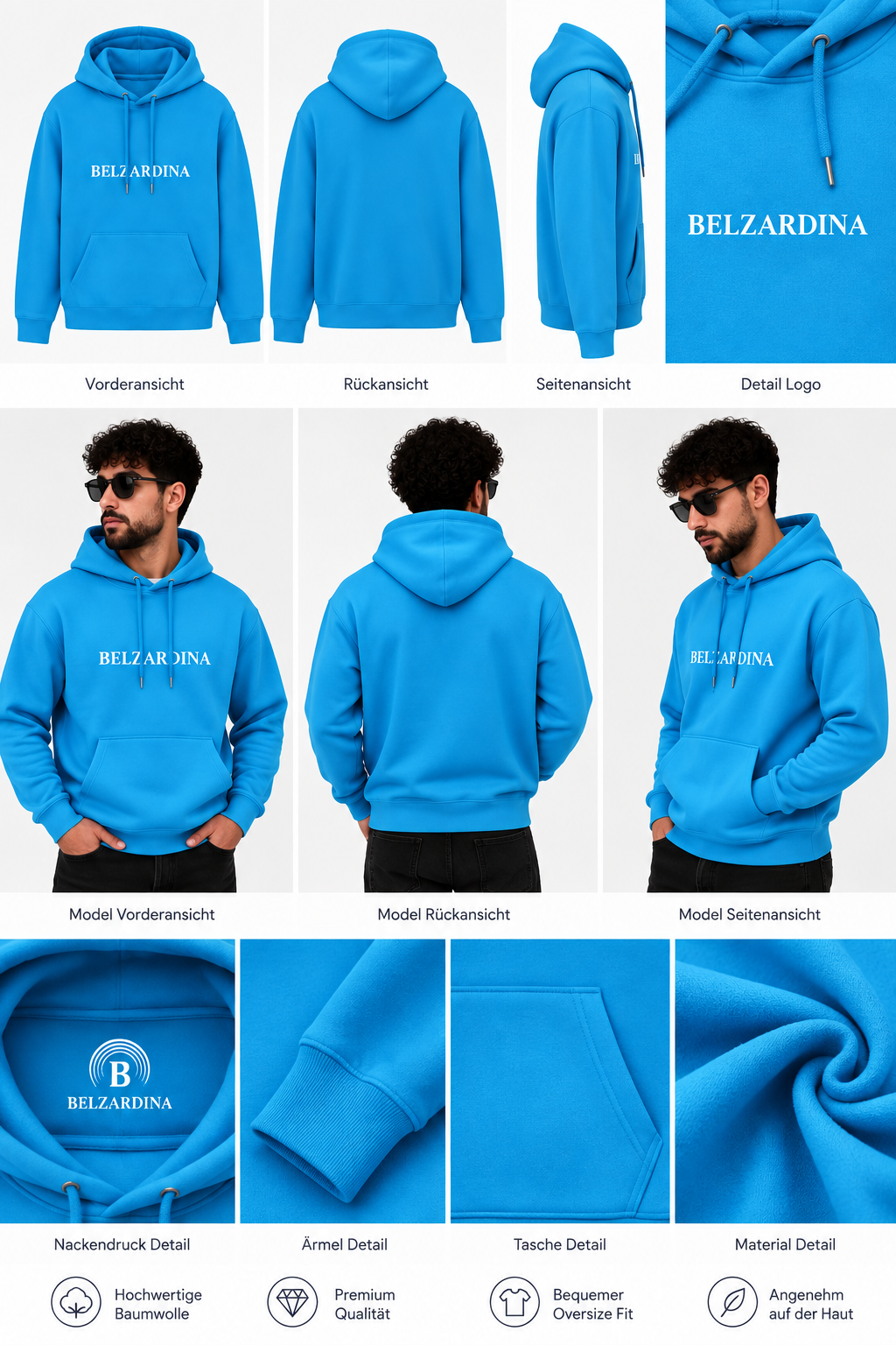 BELZARDINA Premium Hoodie Aqua-Blue – Ansichten, Model und gedruckter Nackenprint