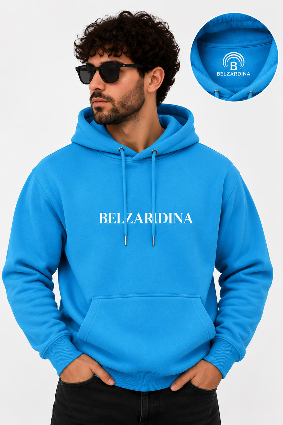 BELZARDINA Premium Hoodie Aqua-Blue – Model mit Nackendruck