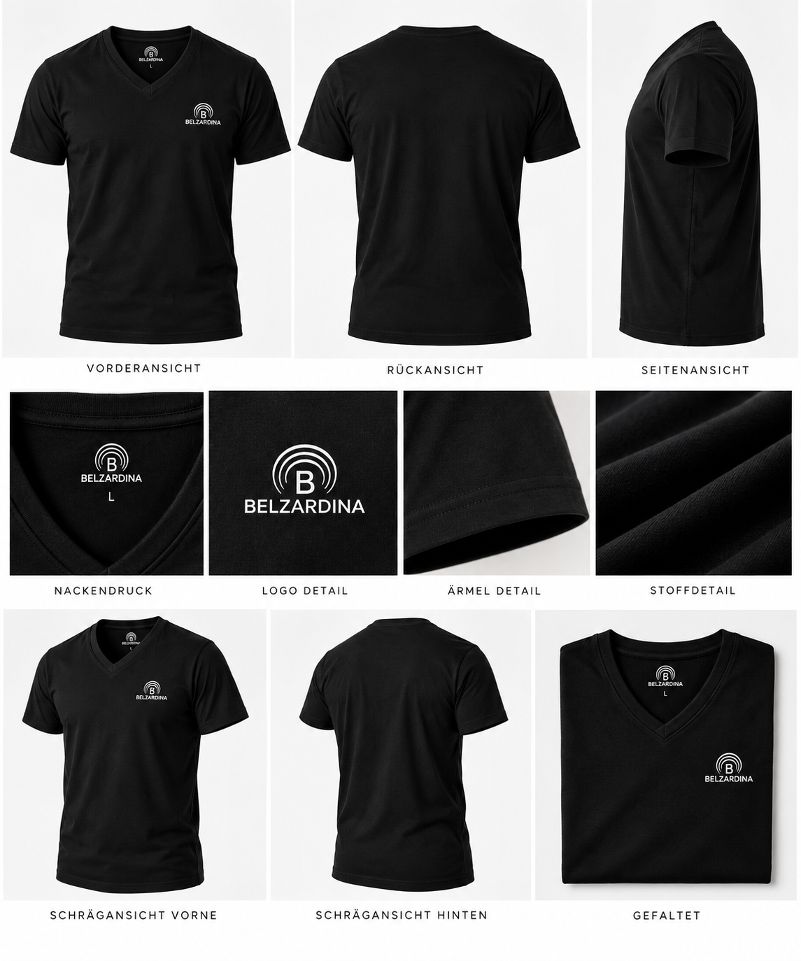 BELZARDINA V-Neck T-Shirt Black – Produktansichten ohne Model